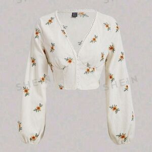 Shein Mod Floral Print Lantern Sleeve Crop Button Up Blouse size Small